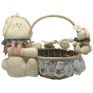 Handmade Easter Basket Bunny Family Lace Trim Cottagecore 90s